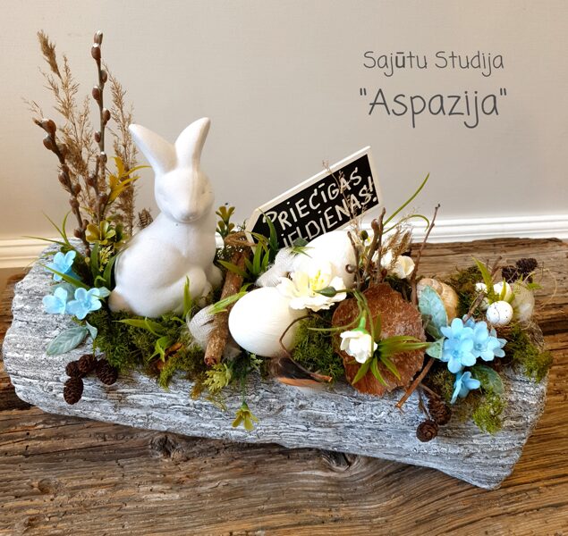 Lieldienu kompozīcija zara traukā ar valtām oliņām