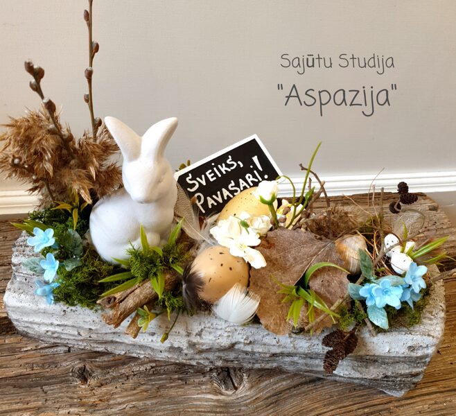 Lieldienu kompozīcija zara traukā ar raibām oliņām